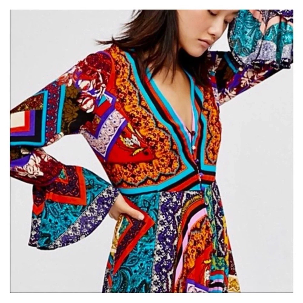 Free People Boho Patchwork‎ Hippie Dress Bell Sleeves XS
